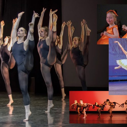 Sechs Tänzerinnen in schwarzen Trikots werfen Ihr Bein hoch. Zwei kleine Mädchen lachen und eine Ballerina steht auf der Spitze.